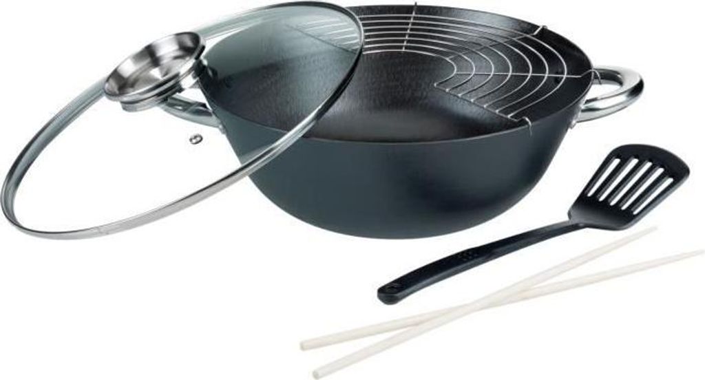 Wok, GSW Multifunktionswok, 32 cm, Stahlguss, 5-teilig, Für alle Herdarten inklusive Induktion, Mit Aroma-Deckel, Grill, Spatel und Essstäbchen