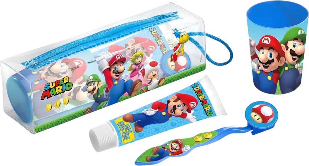 Reise Zahnpflegeset Super Mario 4 teilig komplette Mundhygiene Zahnbürste Zahnpasta Becher Tasche