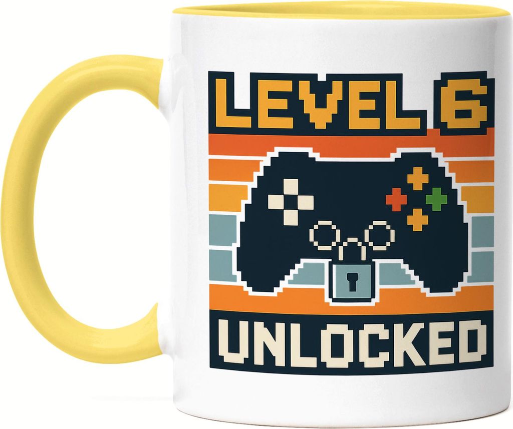 Level 6 Unlocked Tasse Gelb Gamer Geschenkidee Kindergeburtstag Junge Mädchen Videospiel 6 Jahre