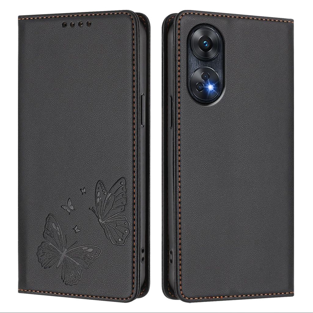 Lederhülle für Oppo Reno8 T 4G, Schmetterling Prägung Leder Brieftasche Schutzhülle mit Ständer Schwarz