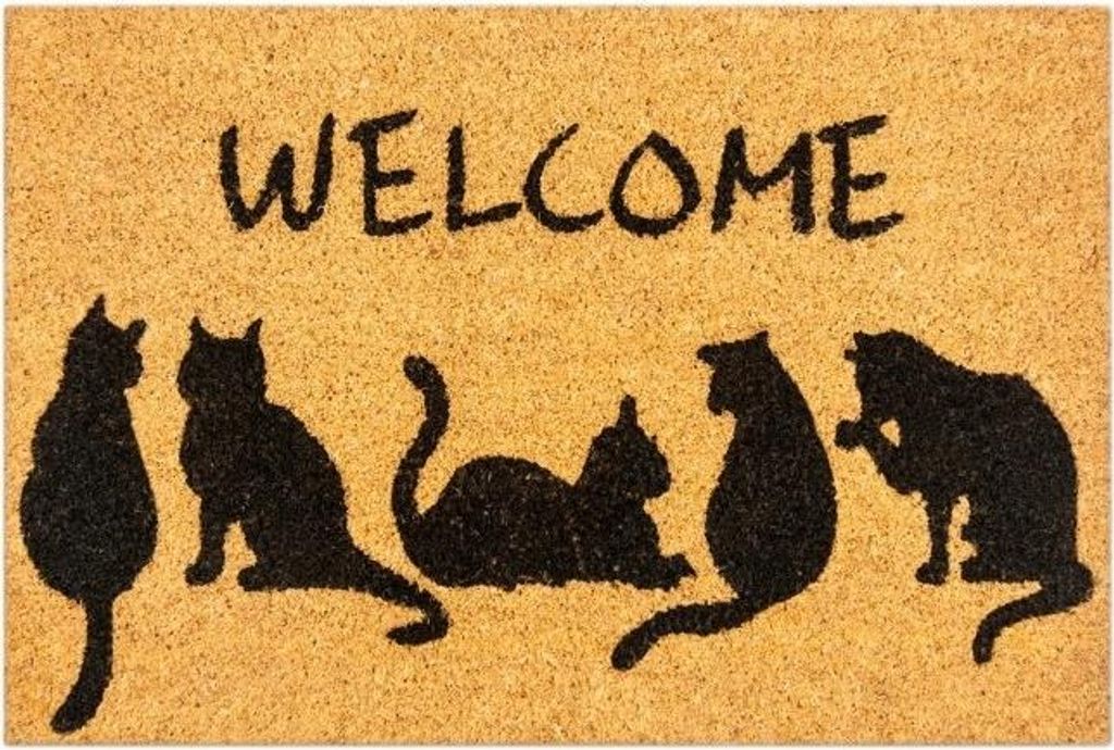 FEINZ | Fußmatte Kokos - 60x40 cm - Katzenmotiv - Willkommen - Rutschfest und langlebig