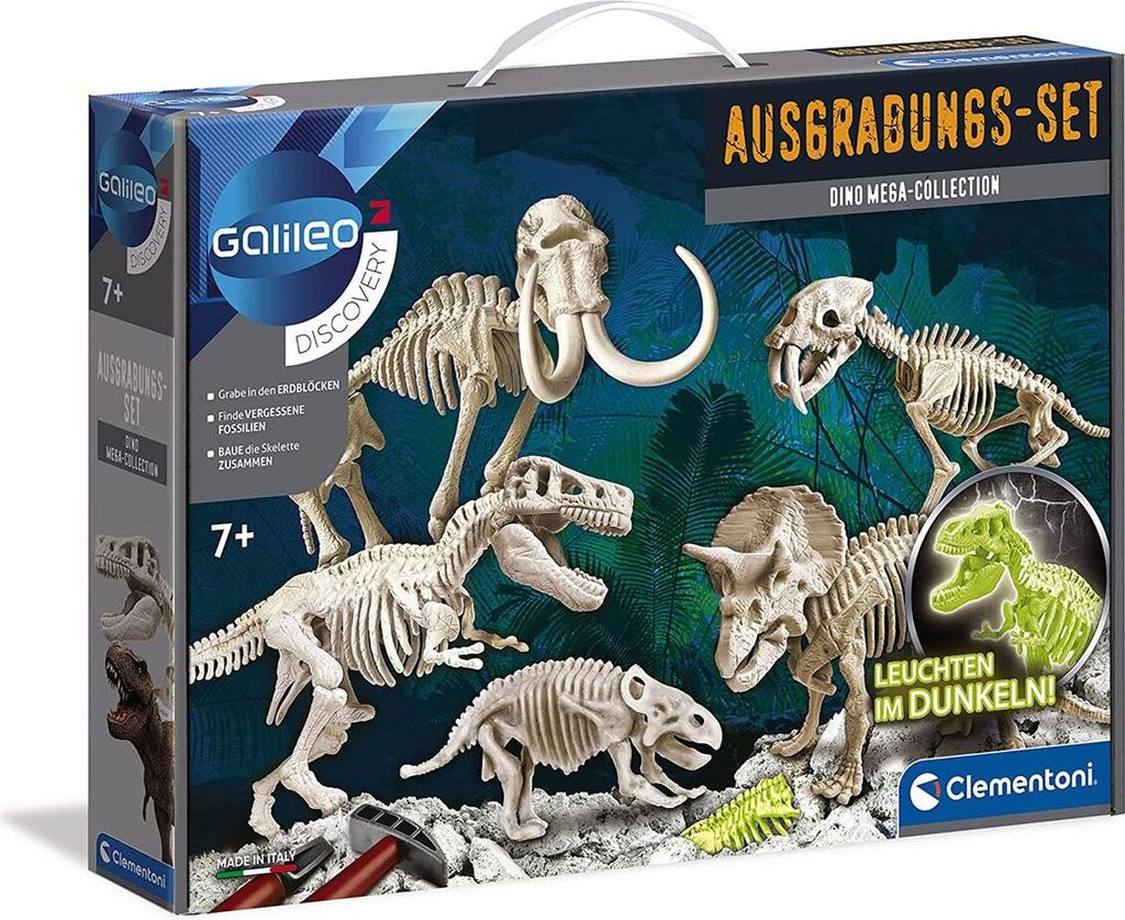 A box for a dinosaur excavation set, showing various dinosaur skeletons.