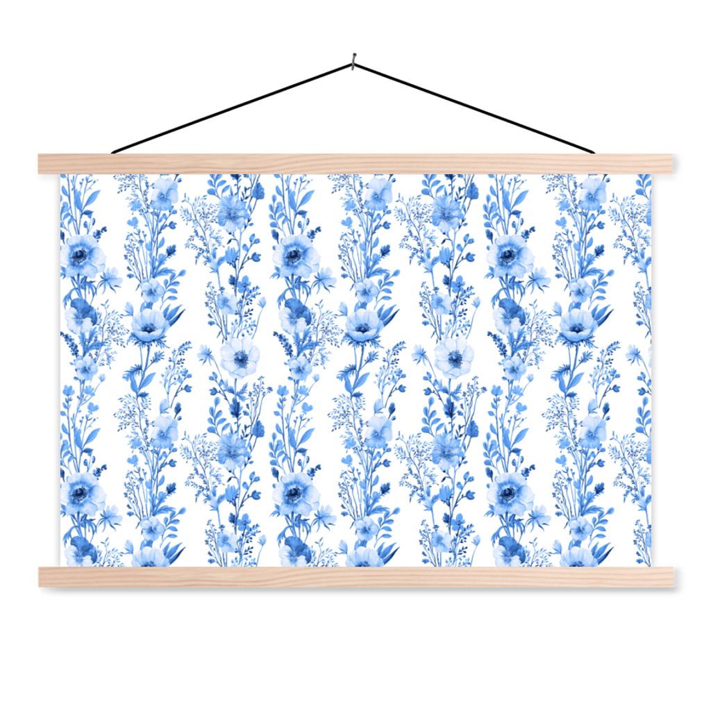 MuchoWow Textilposter Blumen - Anemone - Blau - Muster 120x80 cm mit holzfarbenen Rahmen - Aufhängeset