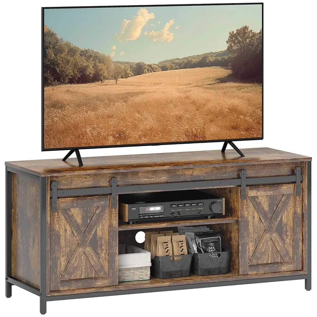 Meuble TV 60 Pouces HOMCOM en Bois Marron avec Grands Rangements Bas