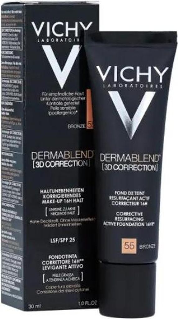 A product shot of Vichy Dermablend 3D Correction foundation and its packaging.