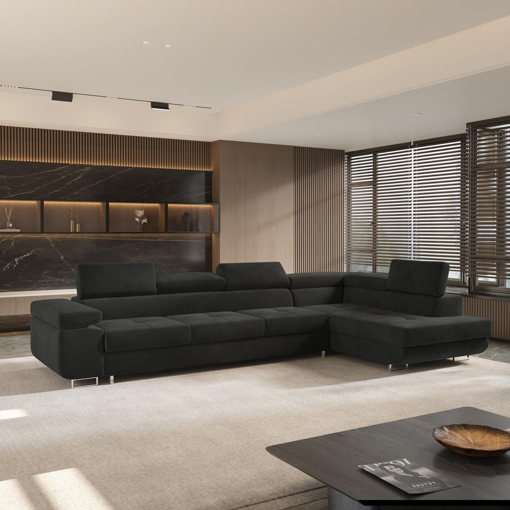 Masseno Ecksofa VICENTE mit Schlaffunktion L-Form, Sofa mit Bettkasten, Wohnzimmersofa, Couch, Soffa, Bettsofa, Couchgarnitur- Schwarz, MONOLITH 95