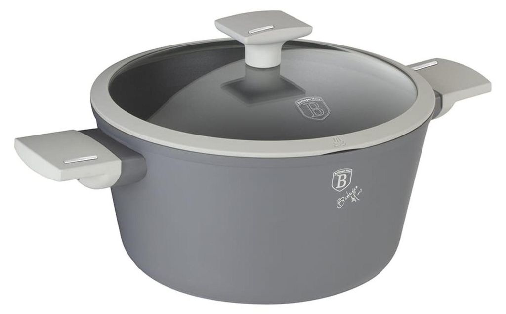 A gray pot with a glass lid and silver handles on a white background.