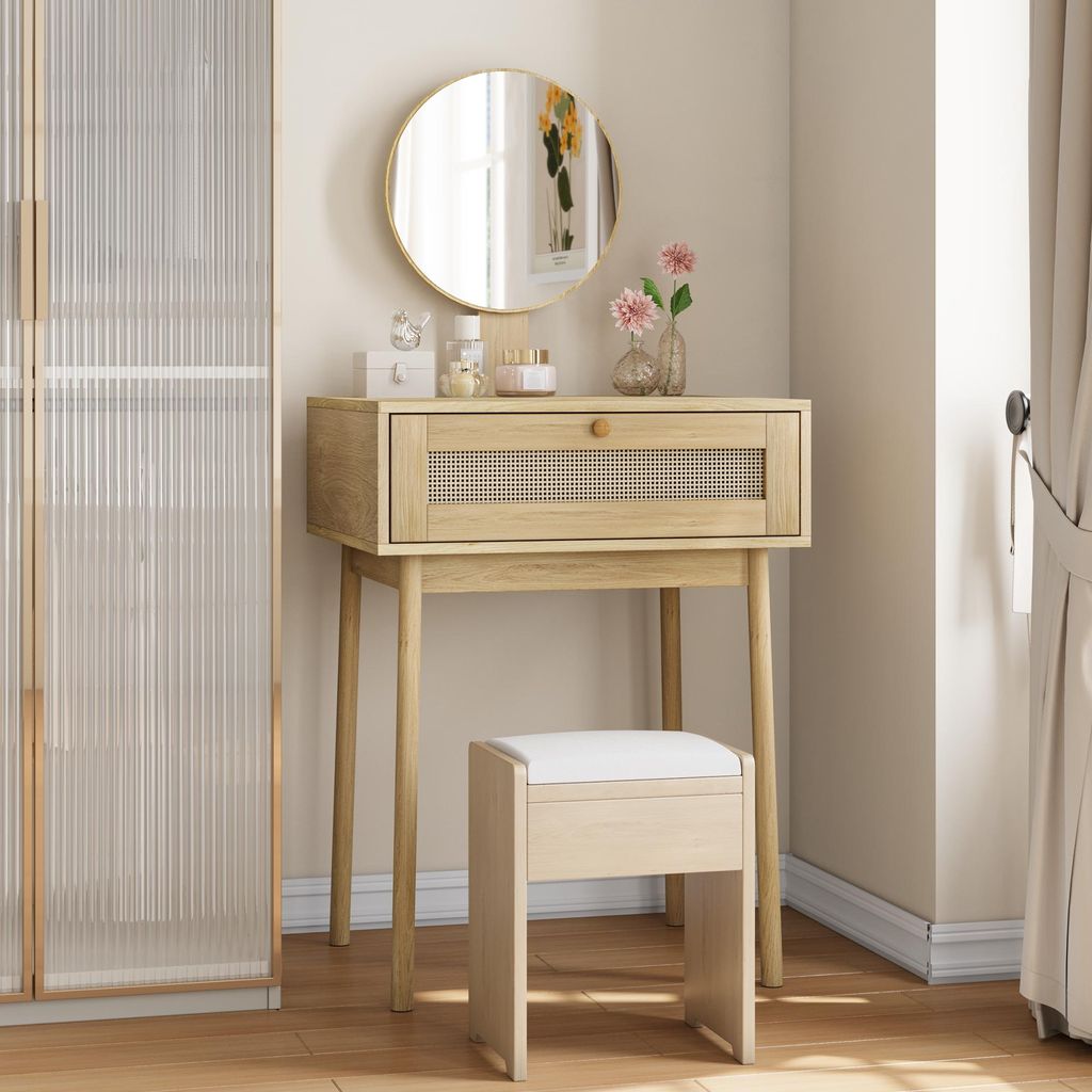 Make-uptafel van riet met spiegel, 60x50x128 cm, eikenhout Productafbeelding 