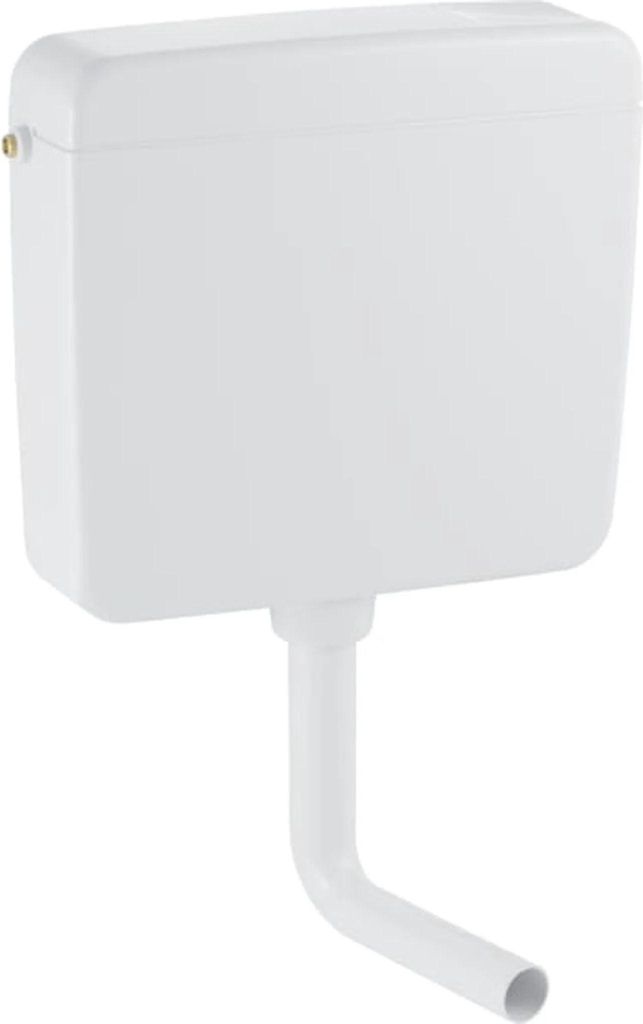 A white toilet cistern with a downpipe attached, isolated on a white background.