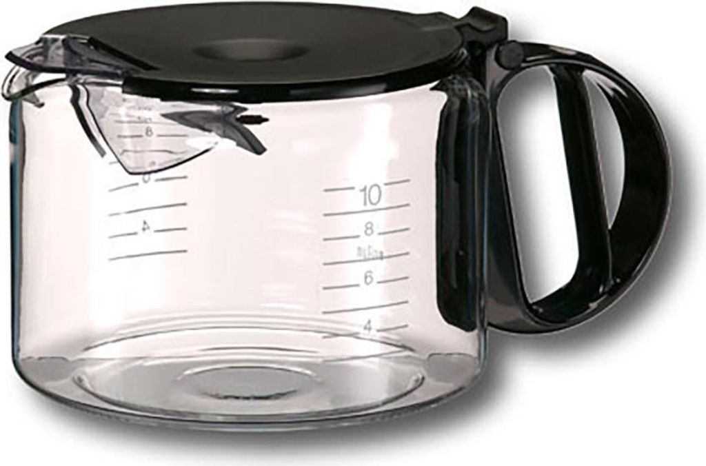A clear studio shot of a coffee pot carafe with measurement markings.