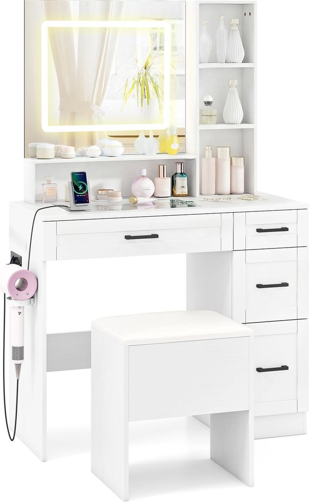 COSTWAY Schminktisch mit 3 Farben LED-Beleuchtung, Glasplatte & Hocker, Frisiertisch Set mit Steckdosen, 4 Schubladen & 3 Regalen, Kosmetiktisch,Weiß