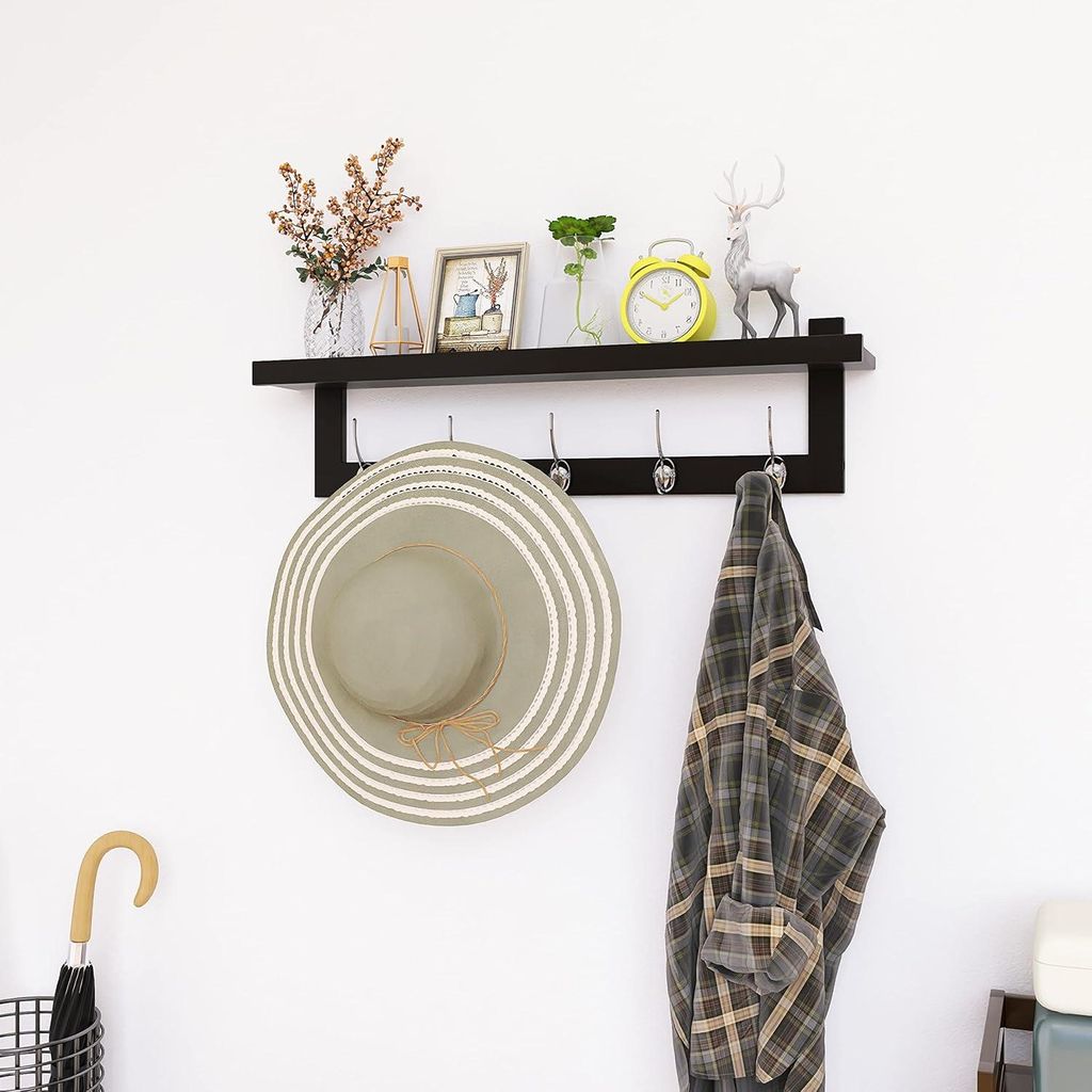 Wandgarderobe mit Regal 74 cm Bambus Hängeregal - 5 doppelte Metallhaken - Schwarz Silber - Flur Badezimmer Schlafzimmer Garderobe hängend mit Regal