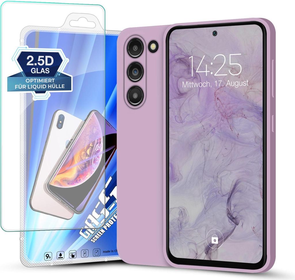 Hülle für Samsung Galaxy S23 mit 9H Displayglas Displayschutz Plus Case Cover Bumper Silikon Softgrip Schutzhülle Farbe: Lila