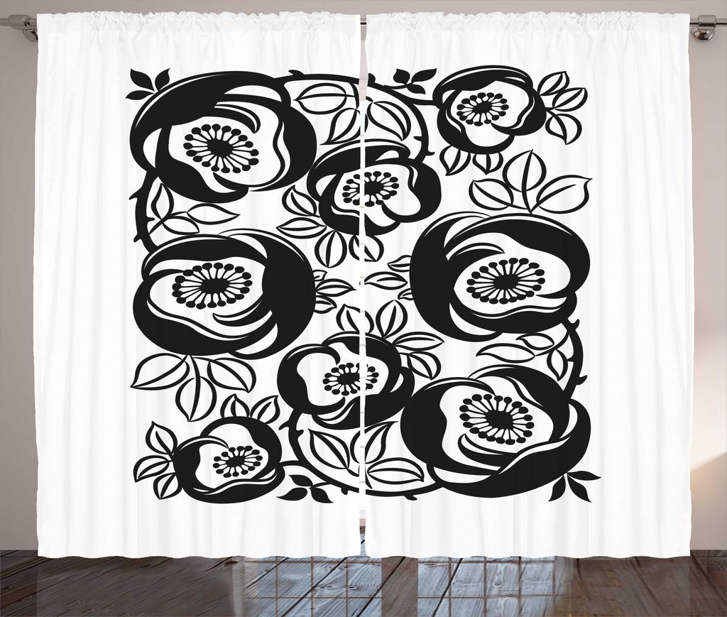 ABAKUHAUS Volkskunst Rustikaler Gardine, gedeihen Motiv, Wohnzimmer Universalband Gardinen mit Schlaufen und Haken, 280 x 225 cm, Charcoal Grau Weiß