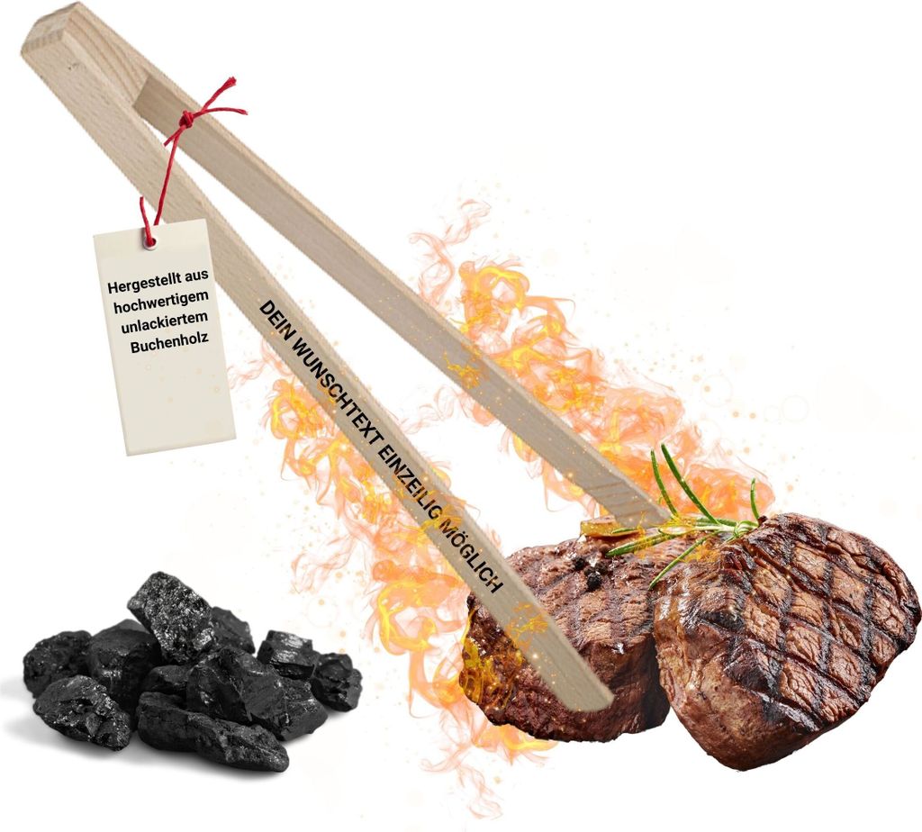 Grillzange aus Holz - Fleischzange aus Buchenholz 30 cm - Grill Zubehör für richtige Grillmeister im Sommer - Natur