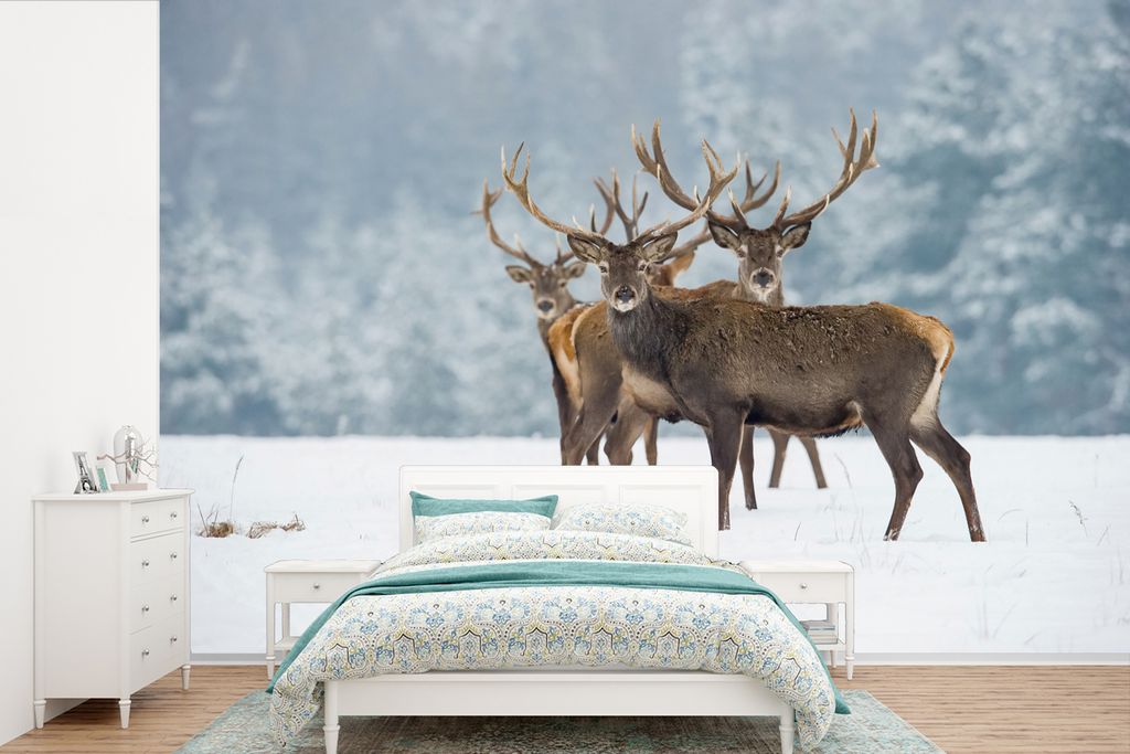 MuchoWow Fototapete für Wohnzimmer oder Schlafzimmer Wandtapete Vinyl Motivtapete Hirsche - Tiere - Schnee - Winter - Landschaft - Natur - 525x3...