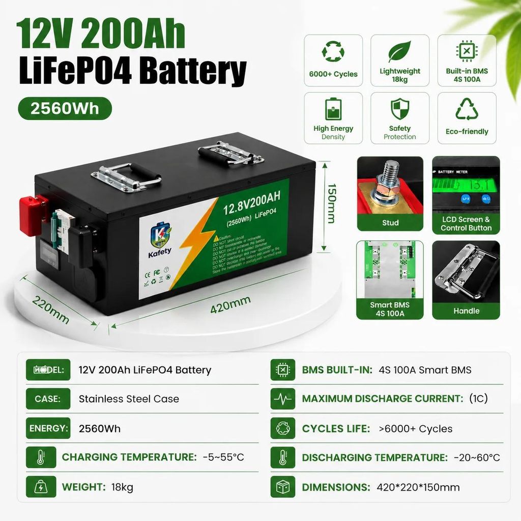 LiFePO4 Deep-Cycle-Batterie - 12V 200Ah - 2560Wh Lithium-Eisenphosphat - 100A BMS - 6000 Zyklen - für Wohnmobil Boot Solaranlage