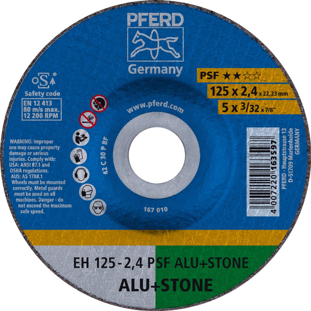 PFERD TOOLS Trennscheibe EH 125x2,4x22,23 mm gekröpft Uni.-Linie PSF ALU+STONE für Alu/NE-Met./Stein (10)