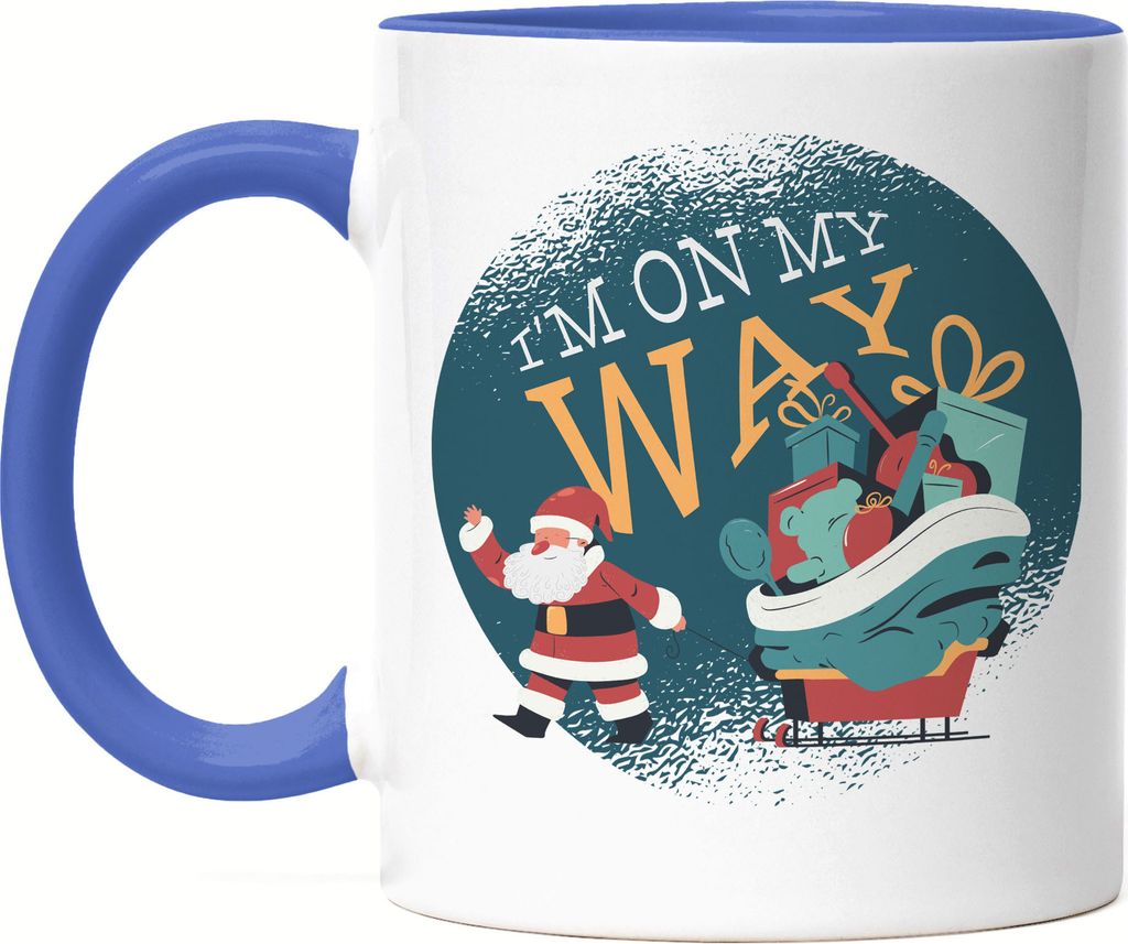 I Am On My Way Tasse Blau Weihnachtsmann Weihnachtschlitten Weihnachtsfest Merry Christmas
