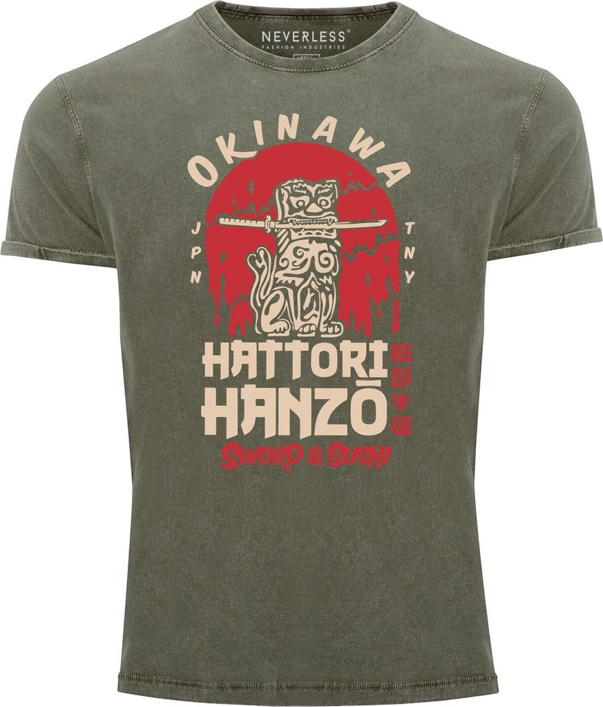 Herren Vintage Shirt Hattori Hanzo Sword and Sushi Okinawa Japan Schriftzeichen Superior Design Used Look Neverless oliv XXL