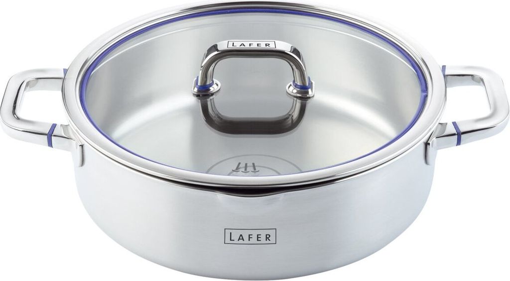 ELO Bratentopf Ø 28 cm LAFER, Kochtopf aus 18/10 Edelstahl mit Glasdeckel und Abgießrand, Kochgeschirr für Glaskeramik-, Gas-, Elektro-, Indukti...