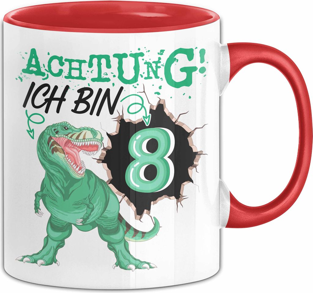 8. Geburtstag Geschenk Tasse Becher Jungs Sohn T-Rex Geburtstagsgeschenk Dinosaurier Achtung Ich bin 8 (Rot)