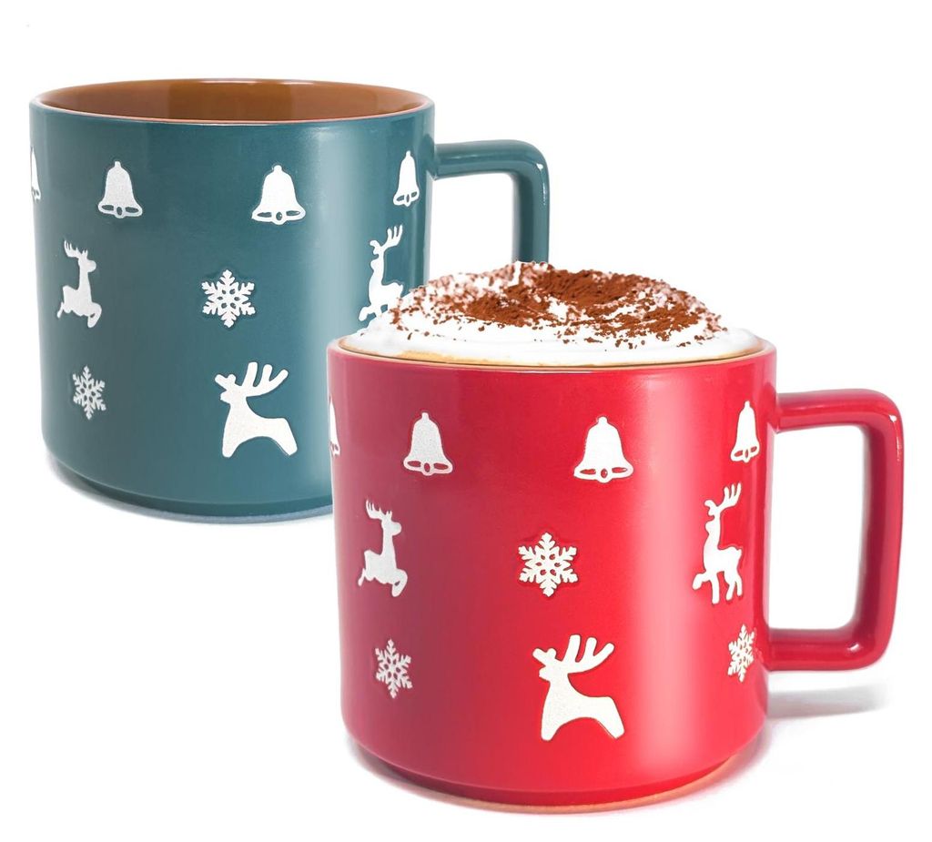 COM-FOUR 2x Weihnachtlicher Kaffeebecher XL aus Porzellan 450 ml - Grün und Rot - Festliche Tasse mit Weihnachtsmotiv - Christmas Coffee Cup - Z...