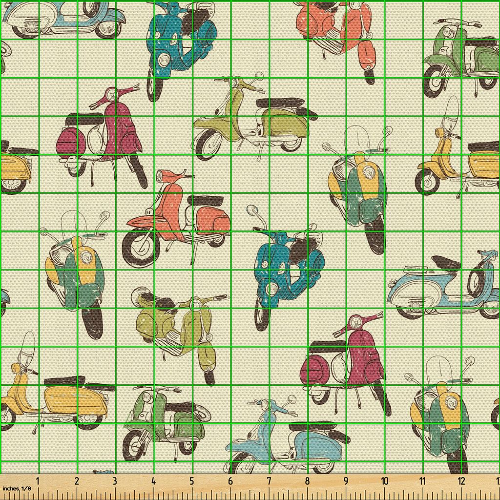 ABAKUHAUS Motorrad Gewebe als Meterware, Bunte Roller Skizzen im Retro-Stil kontinuierliche Muster-Kunst, 5 M (148 x 500 cm), Eischale und Mehrfarbig
