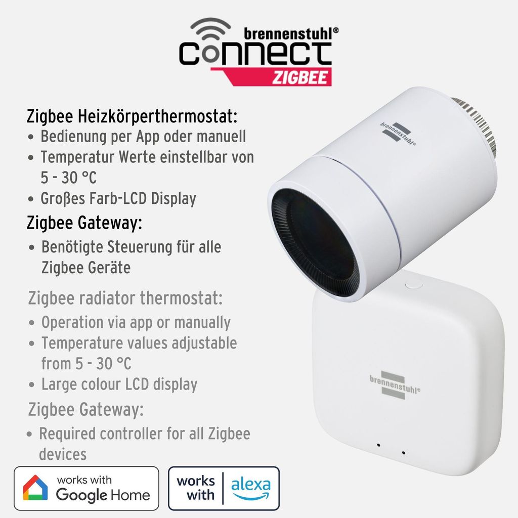 Brennenstuhl Zigbee Heizkörperthermostat Starter-Set, intelligente Heizungssteuerung per App, Weiß