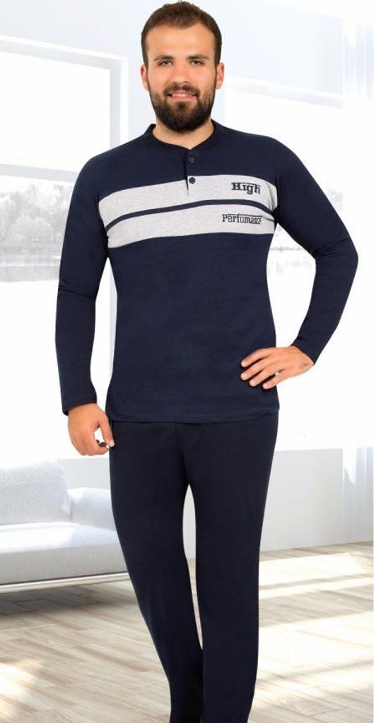 Herren Große Größen Pyjama Schlafanzug Baumwolle Marineblau Produktbild 