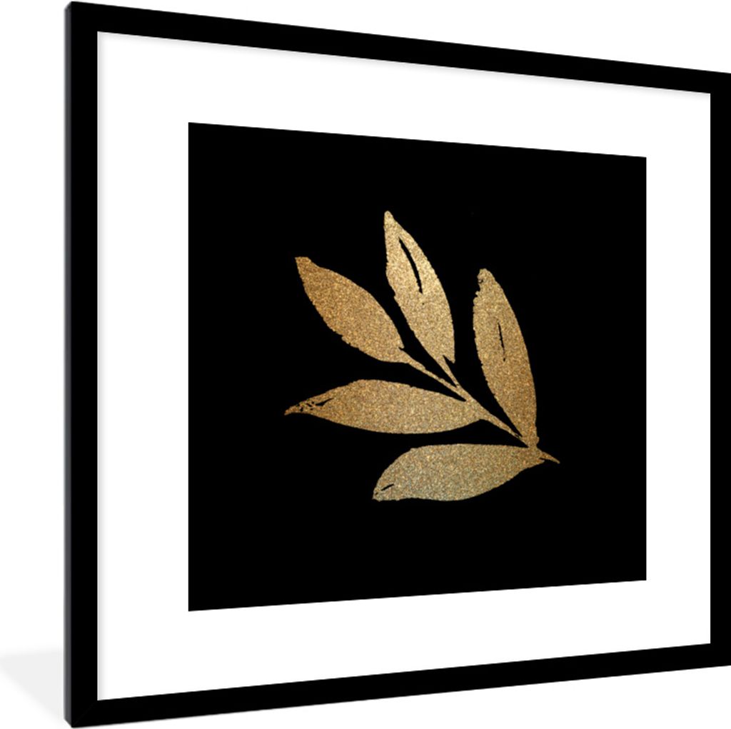 MuchoWow MuchoWow Gerahmtes Poster Blätter - Gold - Zweig 40x40 cm - Poster mit zchwarzem Bilderrahmen - Poster - Plakat im Rahmen