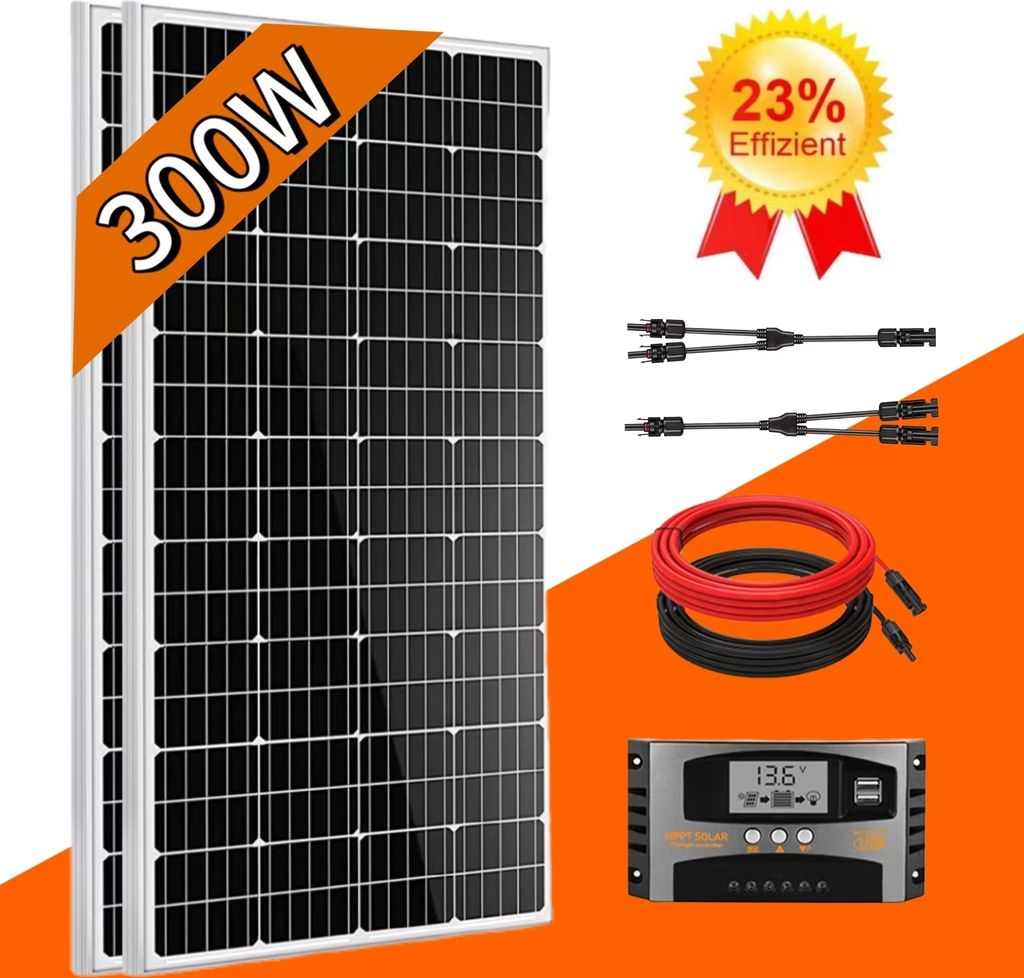 300W Solarpanel Kit Monokristallines 2 x 150W Solarmodul Photovoltaik Solarpanel Set für Haus/Wohnmobil/Garten/Balkon, Solar-Set