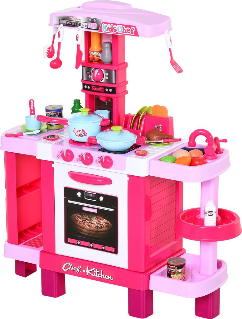 HOMCOM Spielzeugküche für Kinder ab 3 Jahren mit 38 Zubehörteilen, Licht und Ton, frühpädagogische Rollenspiele, 78 x 29 x 87 cm, Rosa
