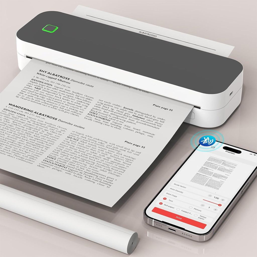 Bluetooth Thermodrucker A4 Tragbar, Mobiler Inkless Printer für Android, iOS & PC, Schneller Thermodruck für Zuhause, Büro, Tattoo, Unterwegs