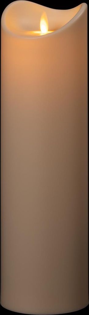 A close-up shot of a cream-colored LED candle with a flickering flame.