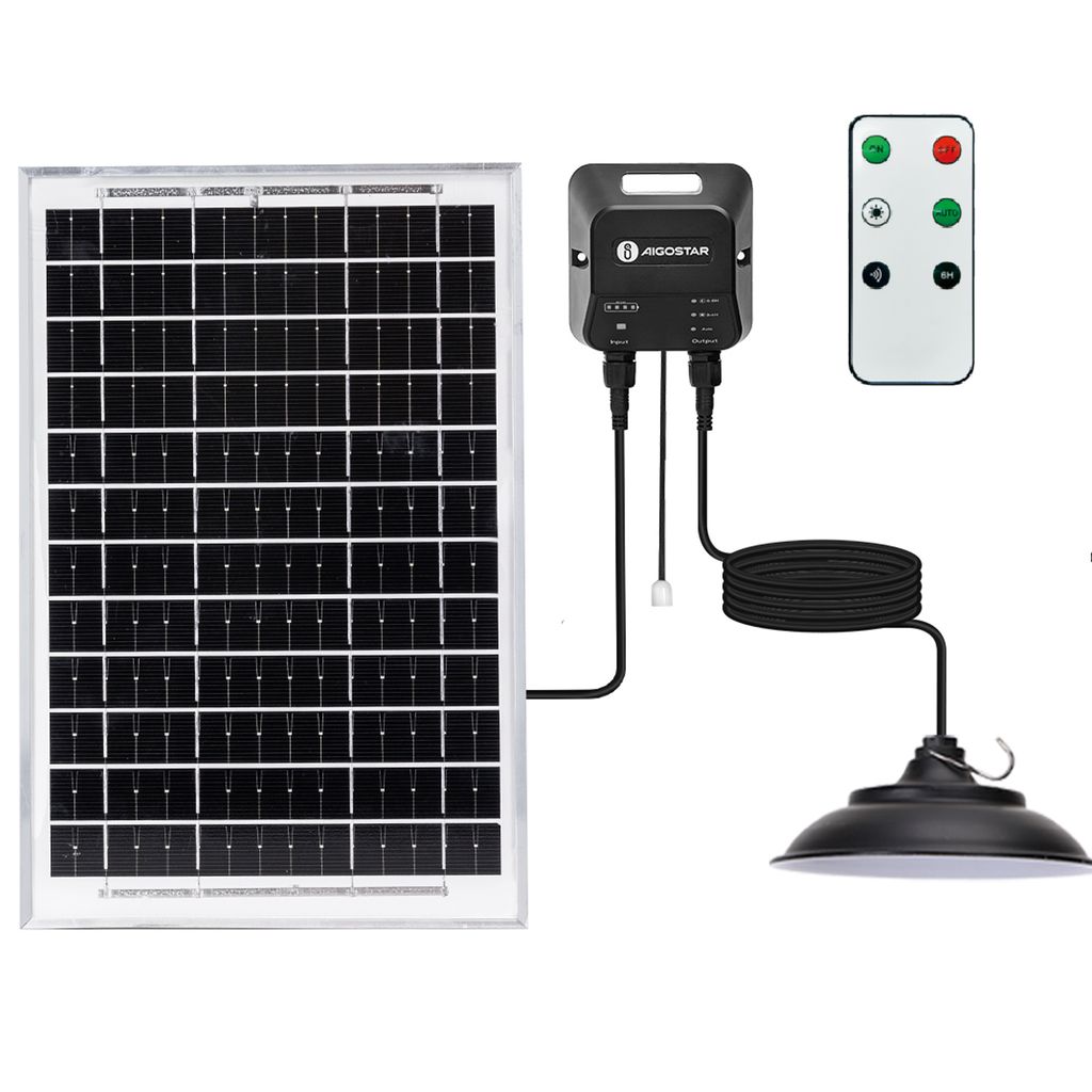 A solar-powered hanging lamp kit, including a solar panel, control box, remote, and lamp, displayed against a white background.