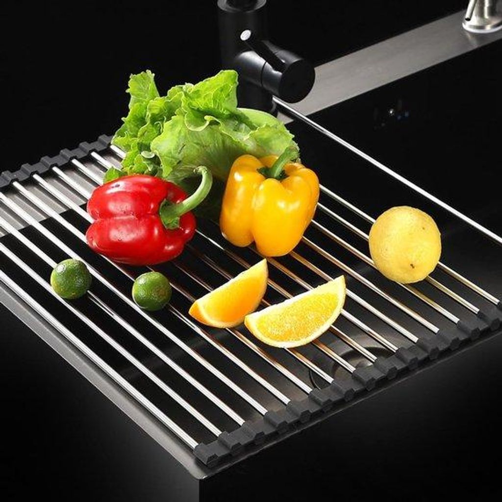 Edelstahl Abtropfgestell, 43x35cm, schwarz, klappbar, für Geschirr, Obst, Gemüse