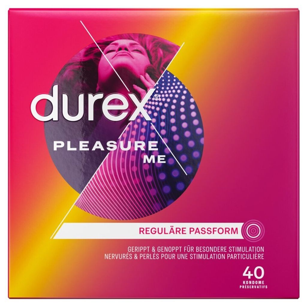 A box of Durex Pleasure Me condoms with a graphic of a woman's face and abstract patterns.