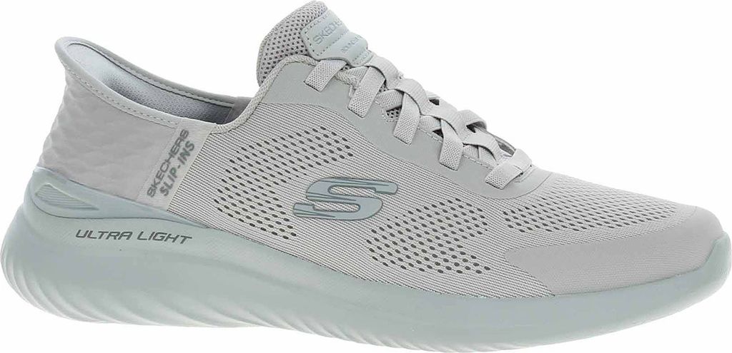 A side view of a gray Skechers sneaker.