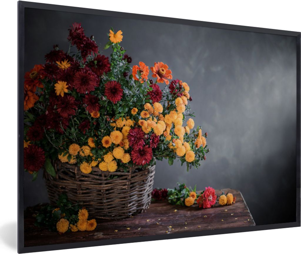 MuchoWow Gerahmtes Poster Stilleben - Korb - Chrysantheme 60x40 cm - Poster mit Schwarzem Bilderrahmen Wandposter Rahmen Foto Bilder - Printing -...