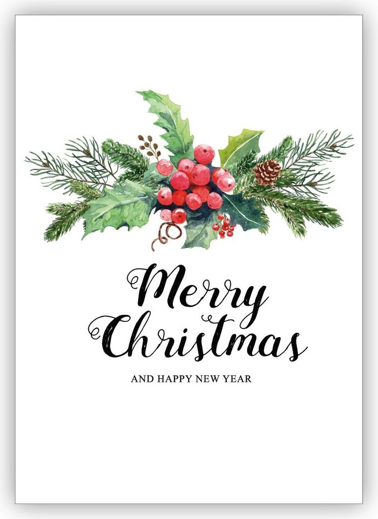 4x Klassische Weihnachtskarte mit Weihnachtsgesteck und Lettering: Merry Christmas & happy new year