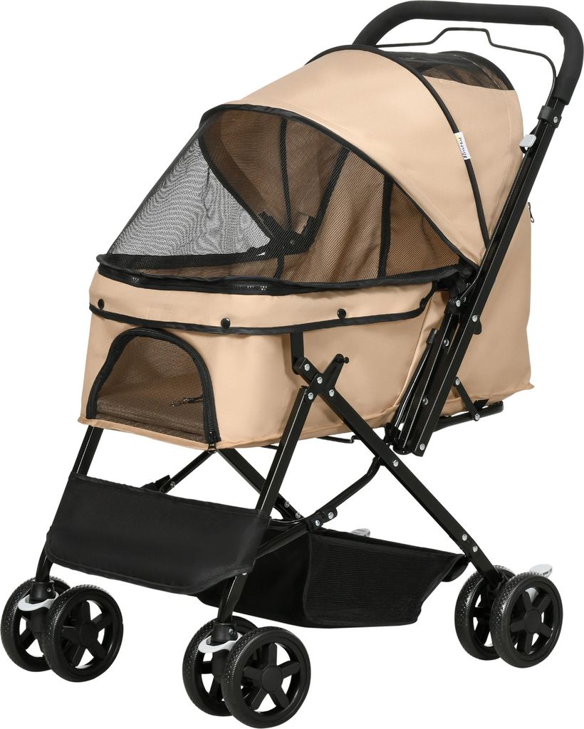 Klappbarer Hundewagen Buggy mit 1 Korb, 2 Bremsen & Sicherheitsleine - Hellbraun für kleine Hunde