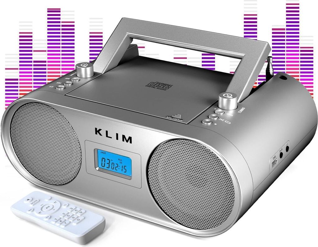 KLIM Boombox B4 Radio mit CD Player + AM/FM Radio, MP3, Bluetooth, AUX, USB + tragbarer CD Spieler mit kabellosem Modus und aufladbaren Akku silber