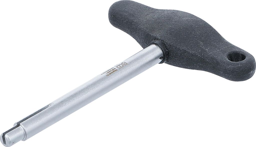 A T-handle tool with a silver shaft and a black handle, isolated on a white background.
