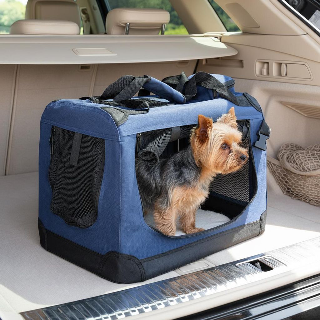 belviona Haustierbox faltbar, komfortabel & sicher, Oxford + Mesh, platzsparend verstaubar, bis 10 kg, 50x34x36 cm, marineblau
