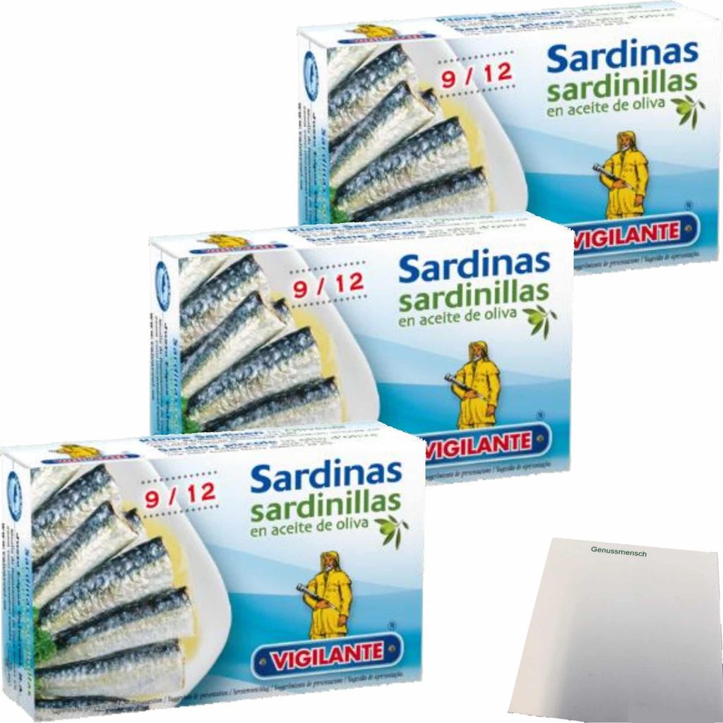 Vigilante "Kleine Sardinen in Olivenöl" Sardinas en aceite de oliva 3er Pack (3x120g Dose) + usy Block