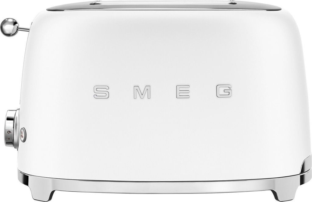 A white Smeg toaster with chrome accents is shown from the front against a white background.