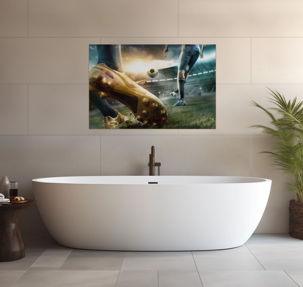 Wallario wasserfestes Poster selbstklebend 91,50 x 61 cm, Fußball Goldschuh auf dem Feld, Badezimmerposter Spritzschutz mit Hochglanzoberfläche i...