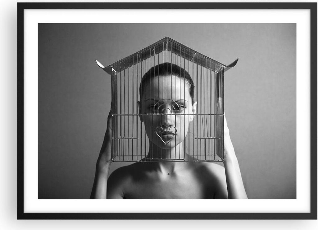 Gerahmtes Poster - Schwarzer Rahmen - Schwarzweiß Frau Käfig - 70x50 cm - Wand Bild - Wanddeko - Wandbilder - Kunstposter - Wandposter - Bilderra...