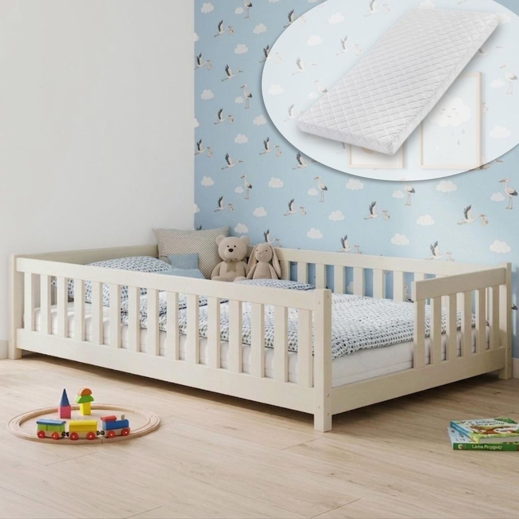 Kinderbett Bodenbett mit Rausfallschutz Lattenrost und Matratze Montessori Bett Bed Gitterbett Kinder Jugendbett Einzelbett | 120x200 cm | Baumwolle
